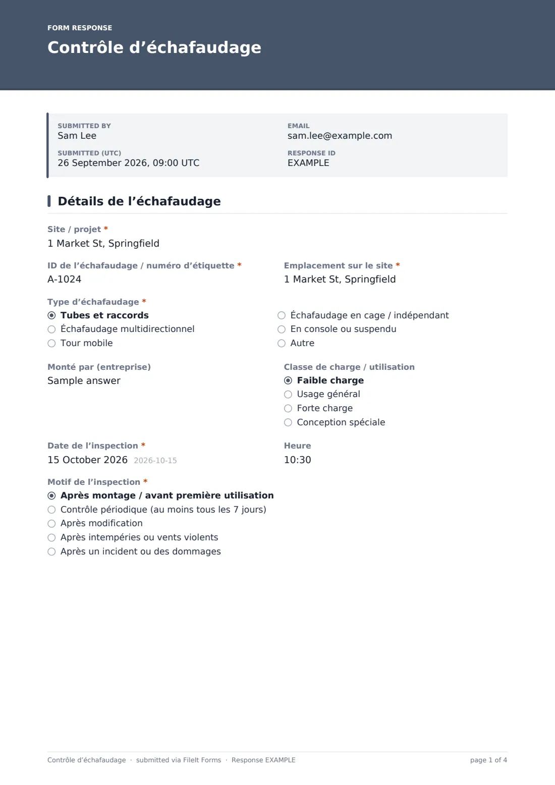 Contrôle d’échafaudage — exemple de réponse au format PDF, page 1 sur 4