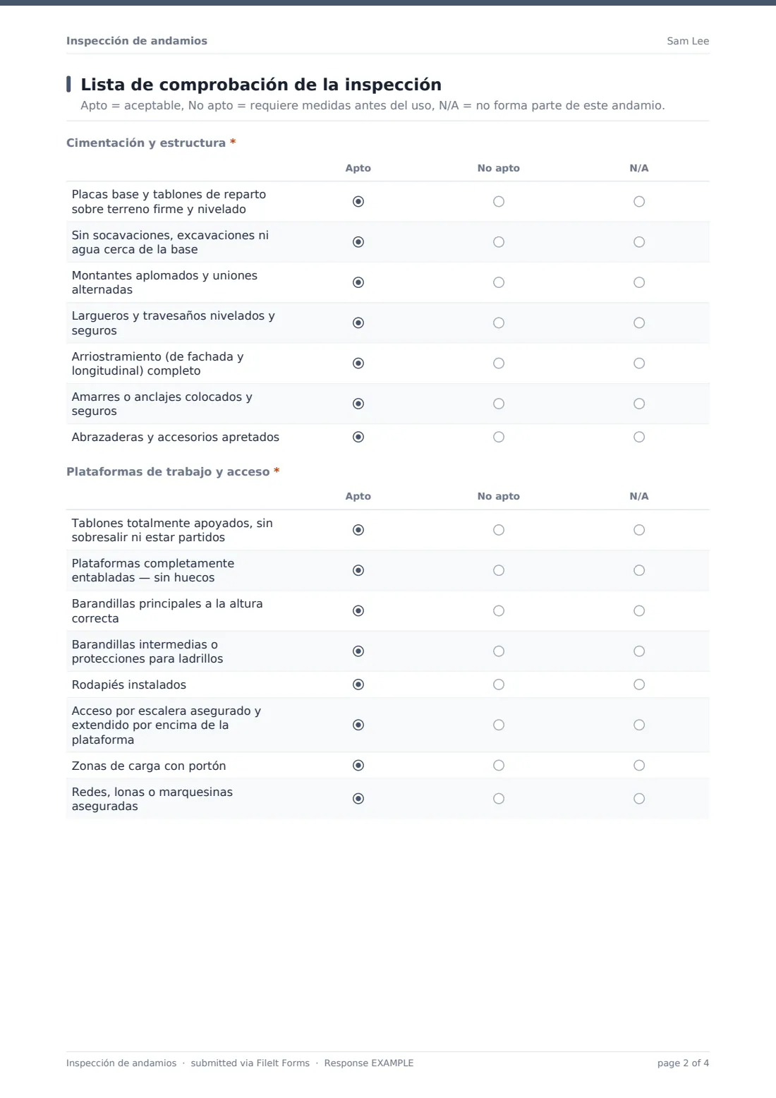Inspección de andamios — PDF de respuesta de ejemplo, página 2 de 4