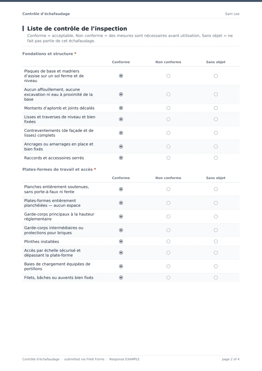 Contrôle d’échafaudage — exemple de réponse au format PDF, page 2 sur 4
