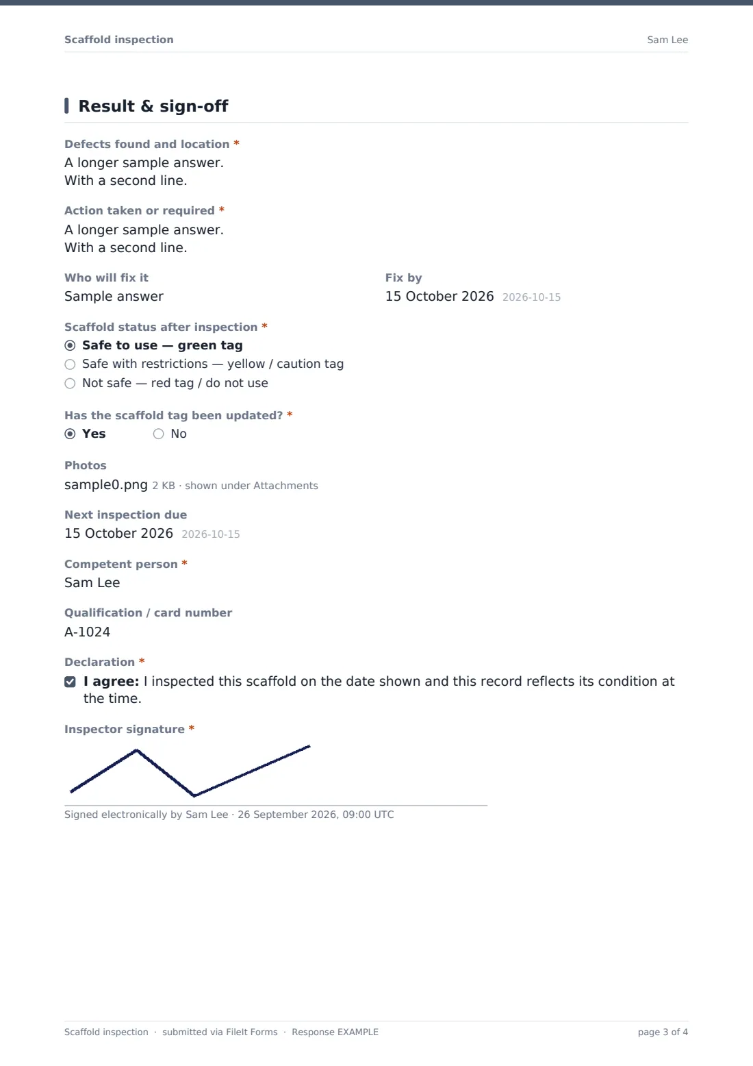 Scaffold inspection — example response PDF, page 3 of 4