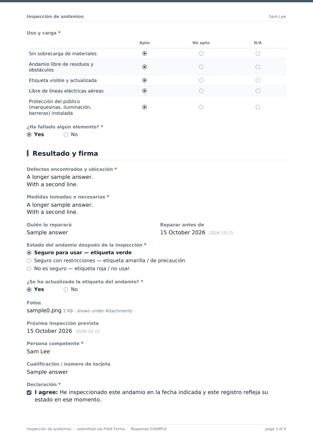 Inspección de andamios — PDF de respuesta de ejemplo, página 3 de 4