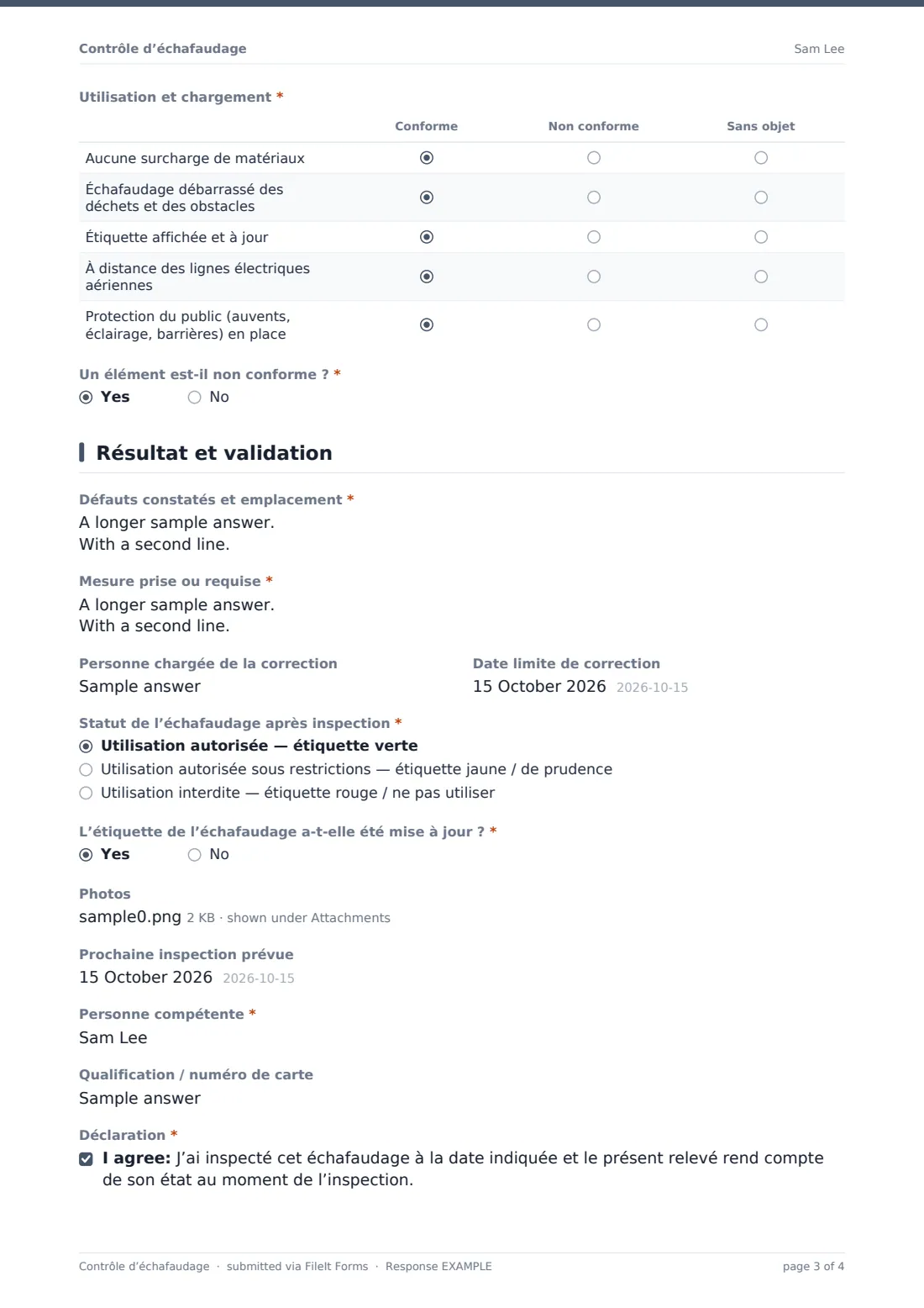 Contrôle d’échafaudage — exemple de réponse au format PDF, page 3 sur 4