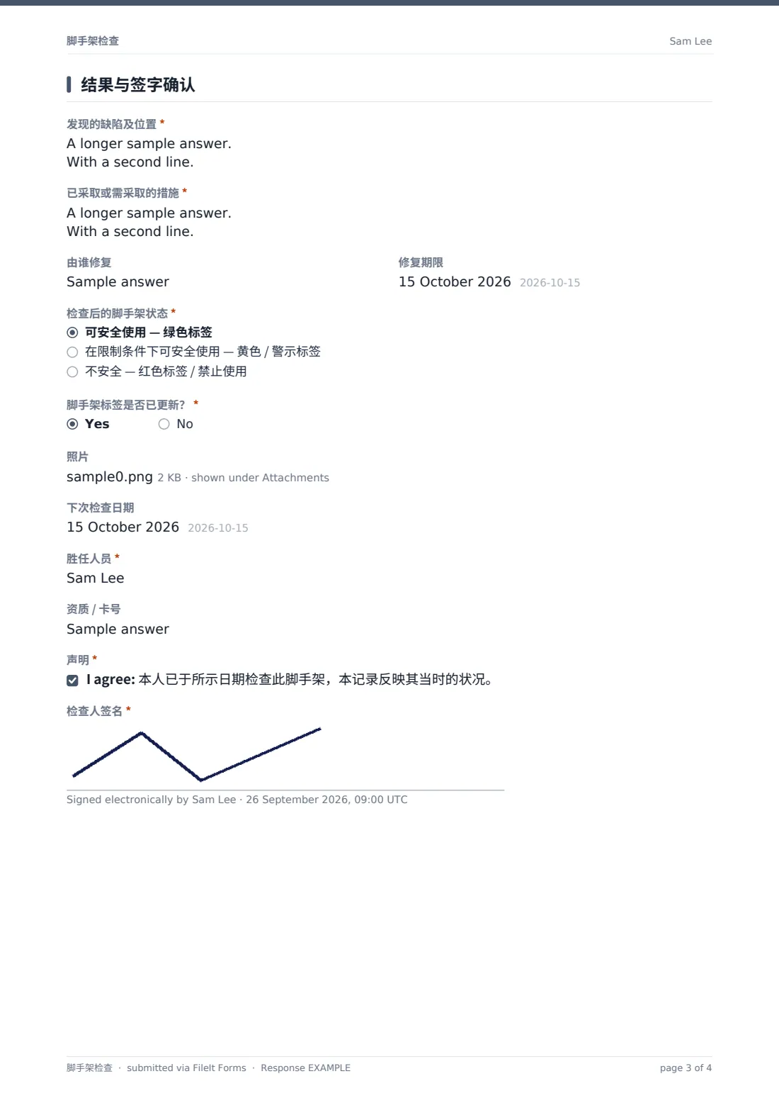 脚手架检查 — 示例回复 PDF，第 3 页，共 4 页