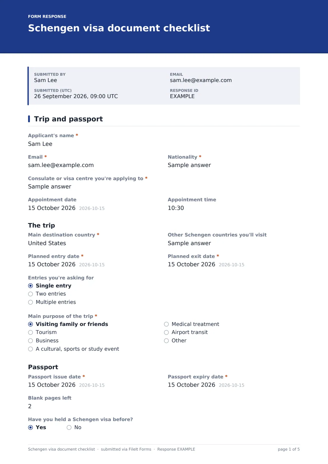 Schengen visa document checklist — example response PDF, page 1 of 5