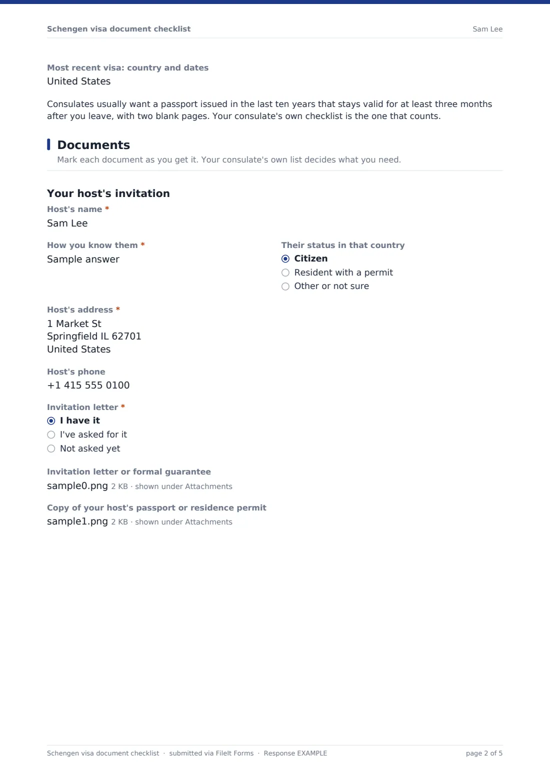 Schengen visa document checklist — example response PDF, page 2 of 5