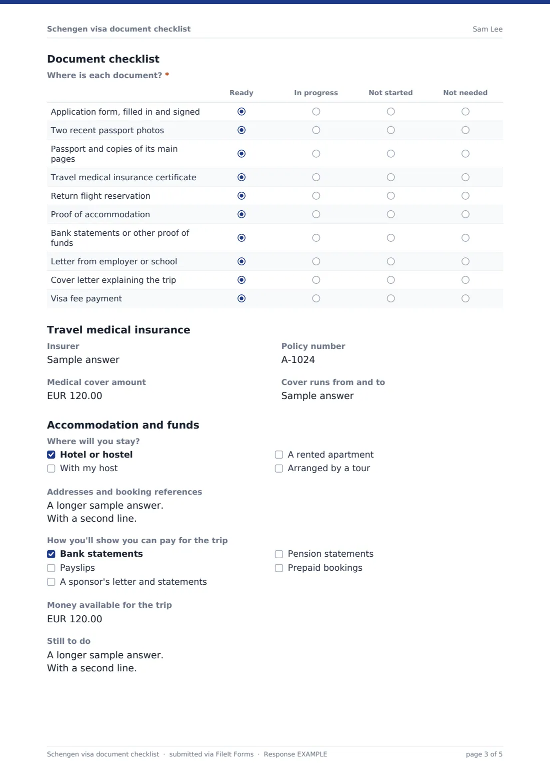Schengen visa document checklist — example response PDF, page 3 of 5