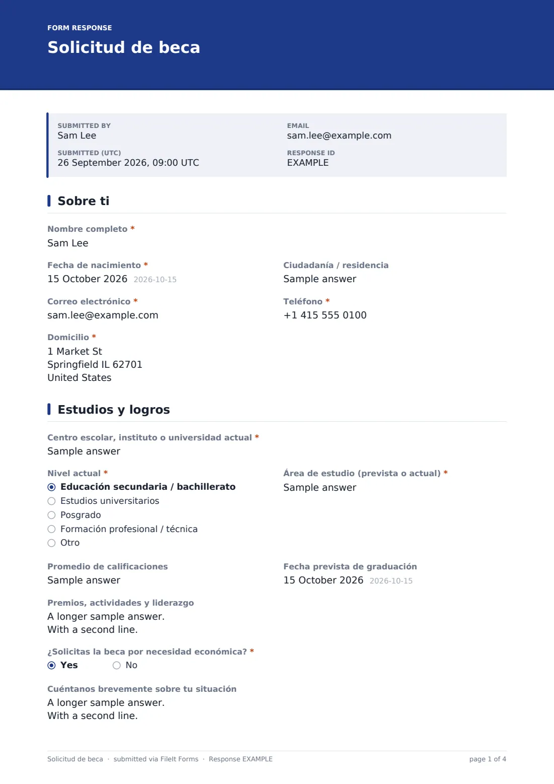 Solicitud de beca — PDF de respuesta de ejemplo, página 1 de 4