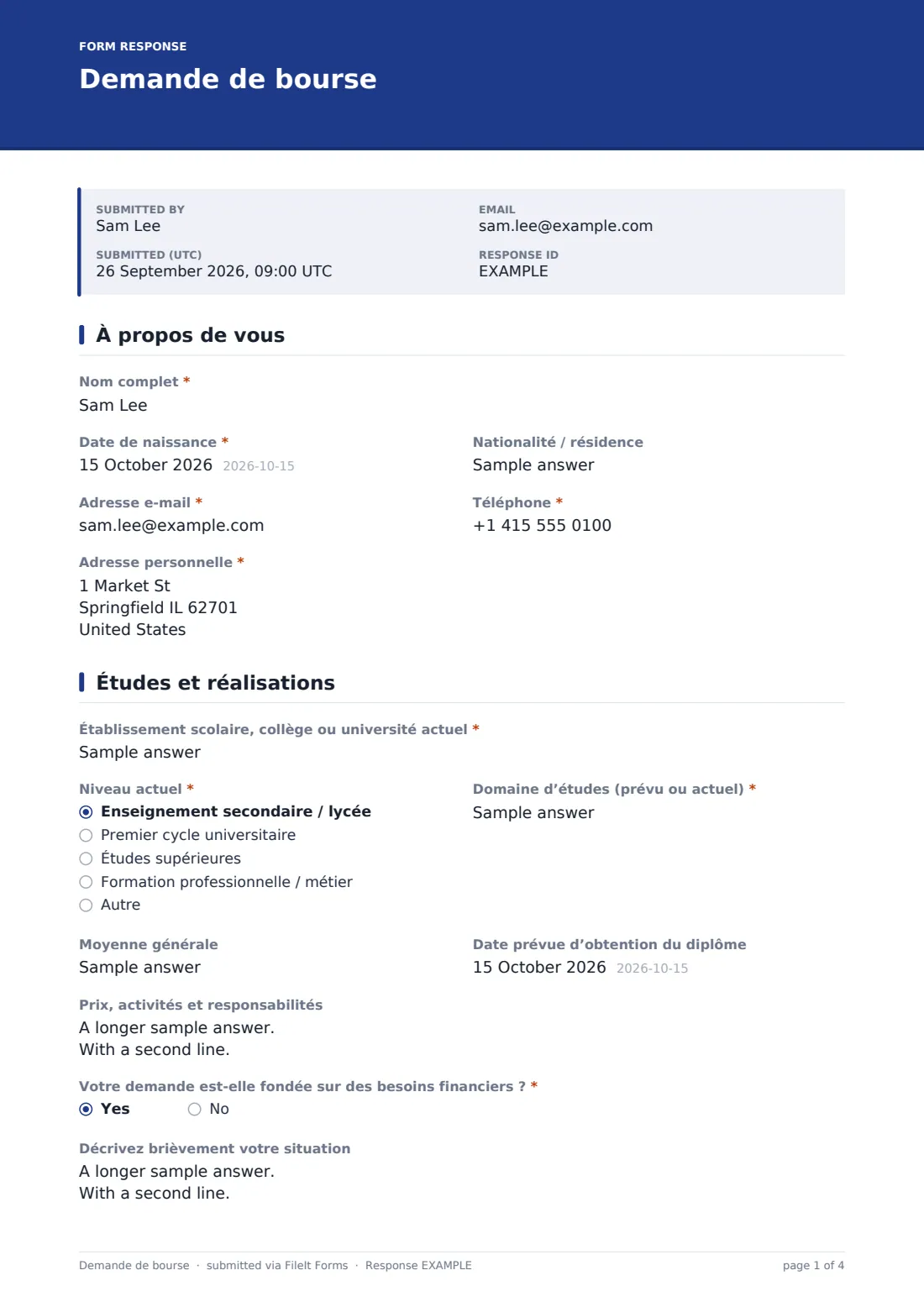 Demande de bourse — exemple de réponse au format PDF, page 1 sur 4