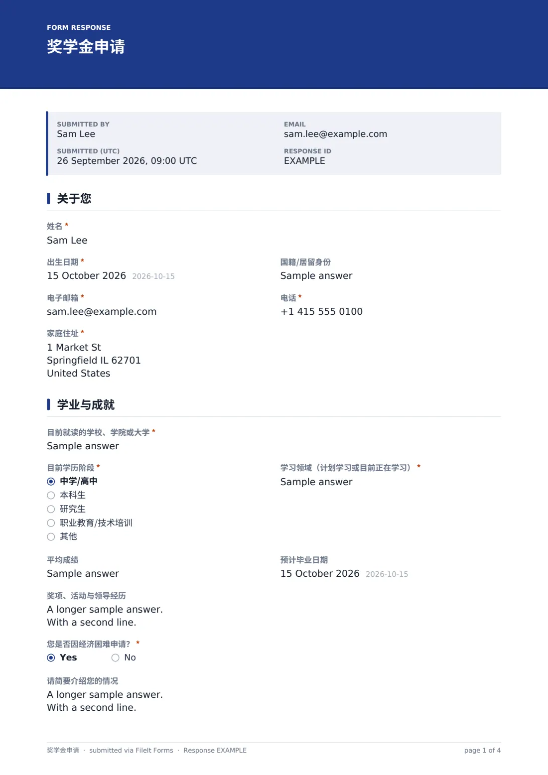 奖学金申请 — 示例回复 PDF，第 1 页，共 4 页