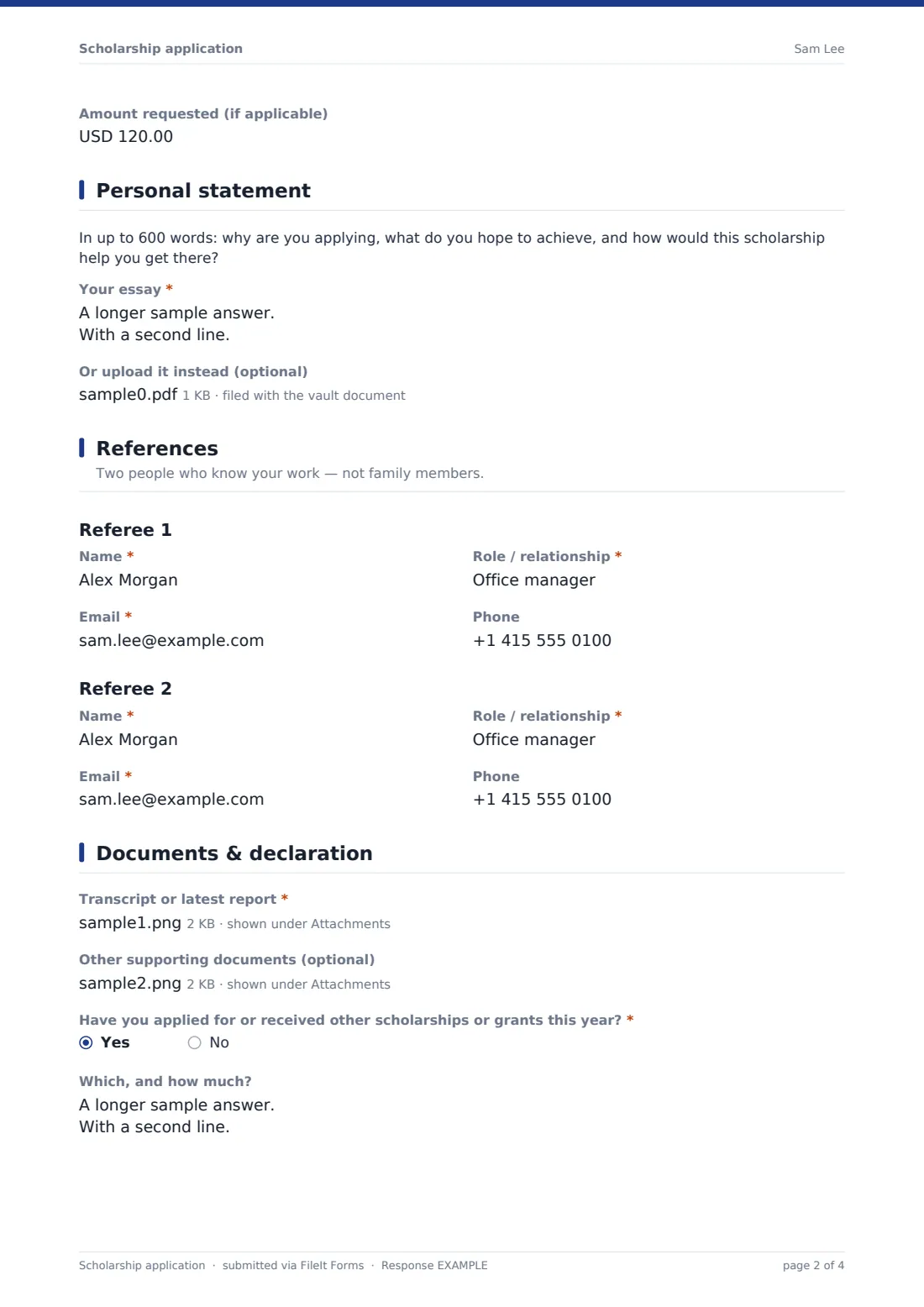 Scholarship application — example response PDF, page 2 of 4
