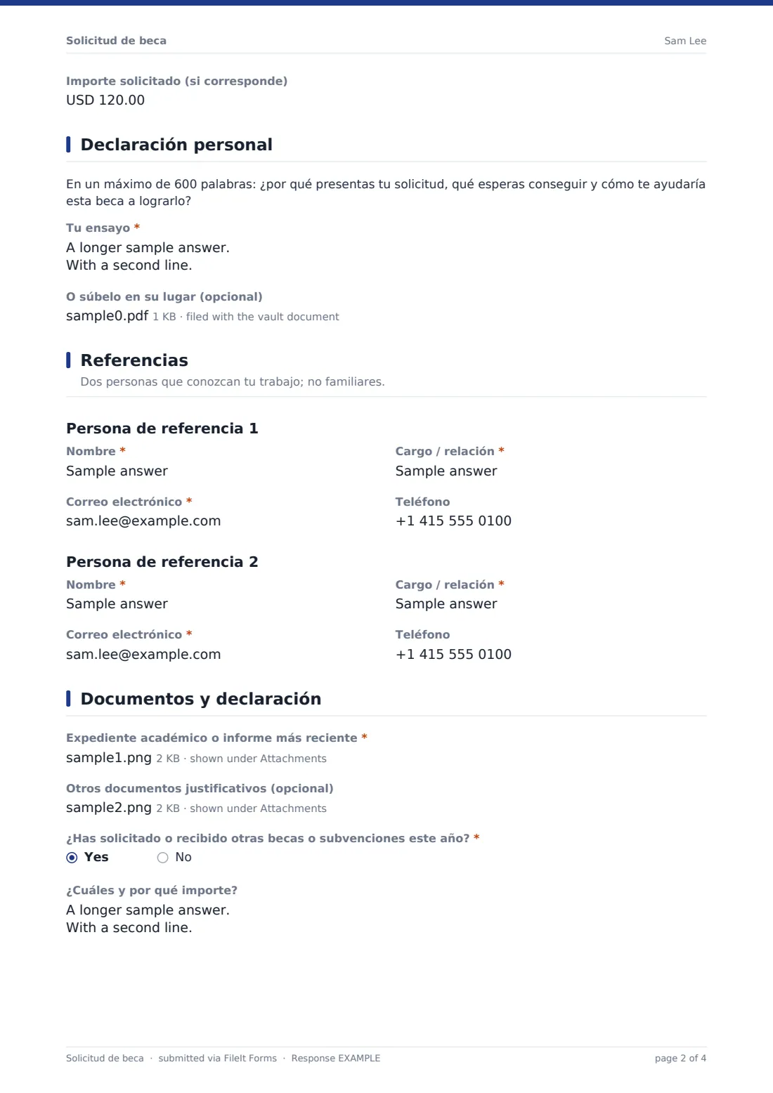 Solicitud de beca — PDF de respuesta de ejemplo, página 2 de 4