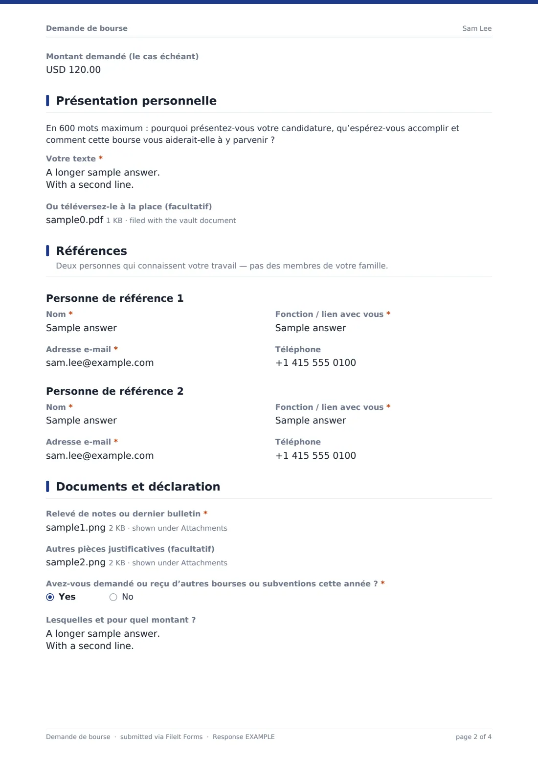 Demande de bourse — exemple de réponse au format PDF, page 2 sur 4