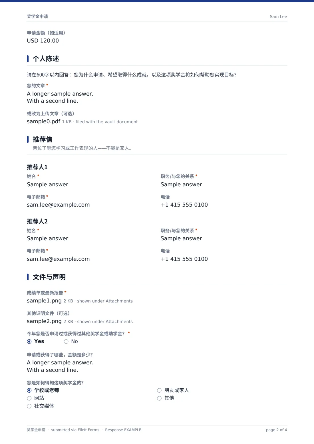奖学金申请 — 示例回复 PDF，第 2 页，共 4 页