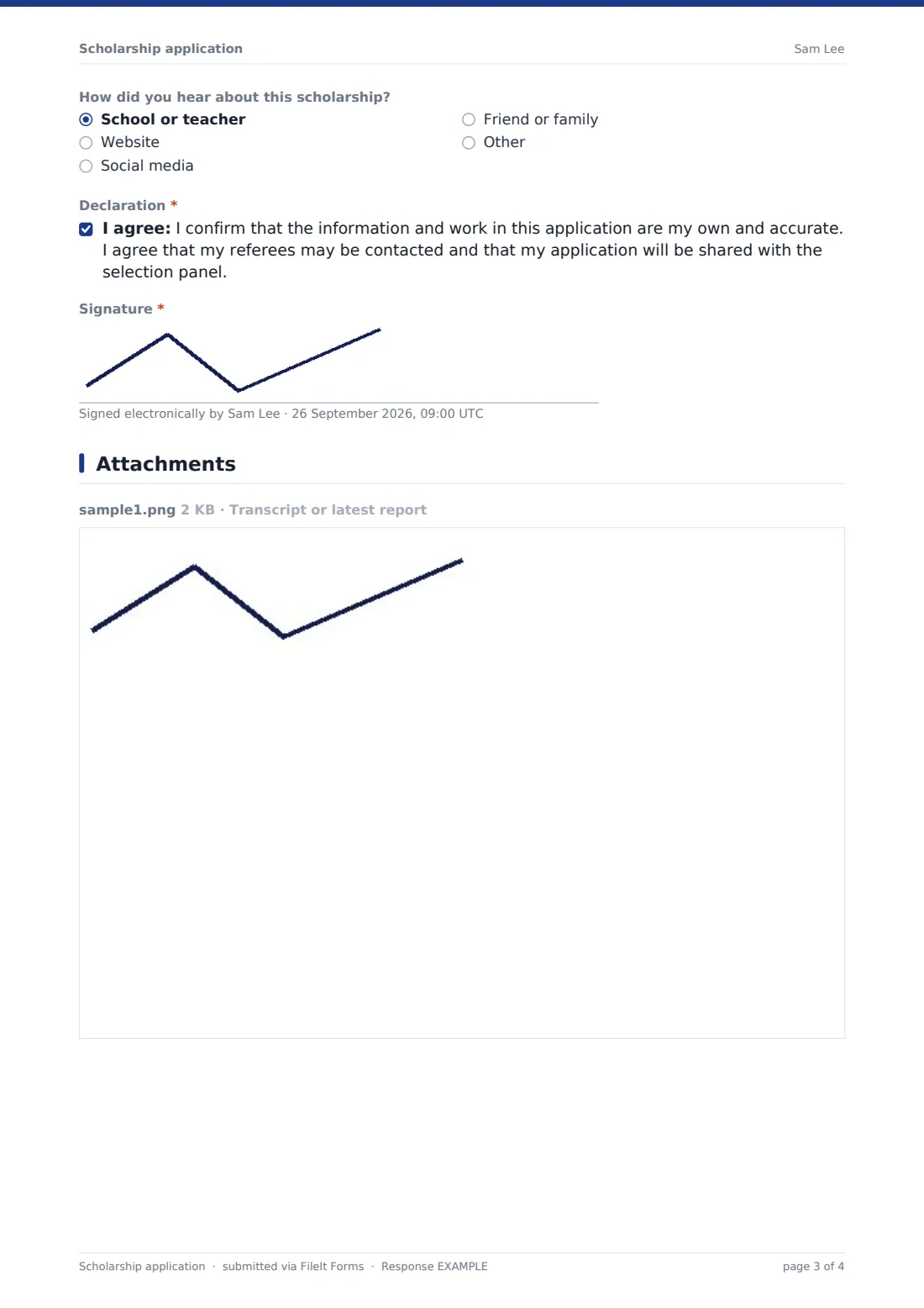 Scholarship application — example response PDF, page 3 of 4