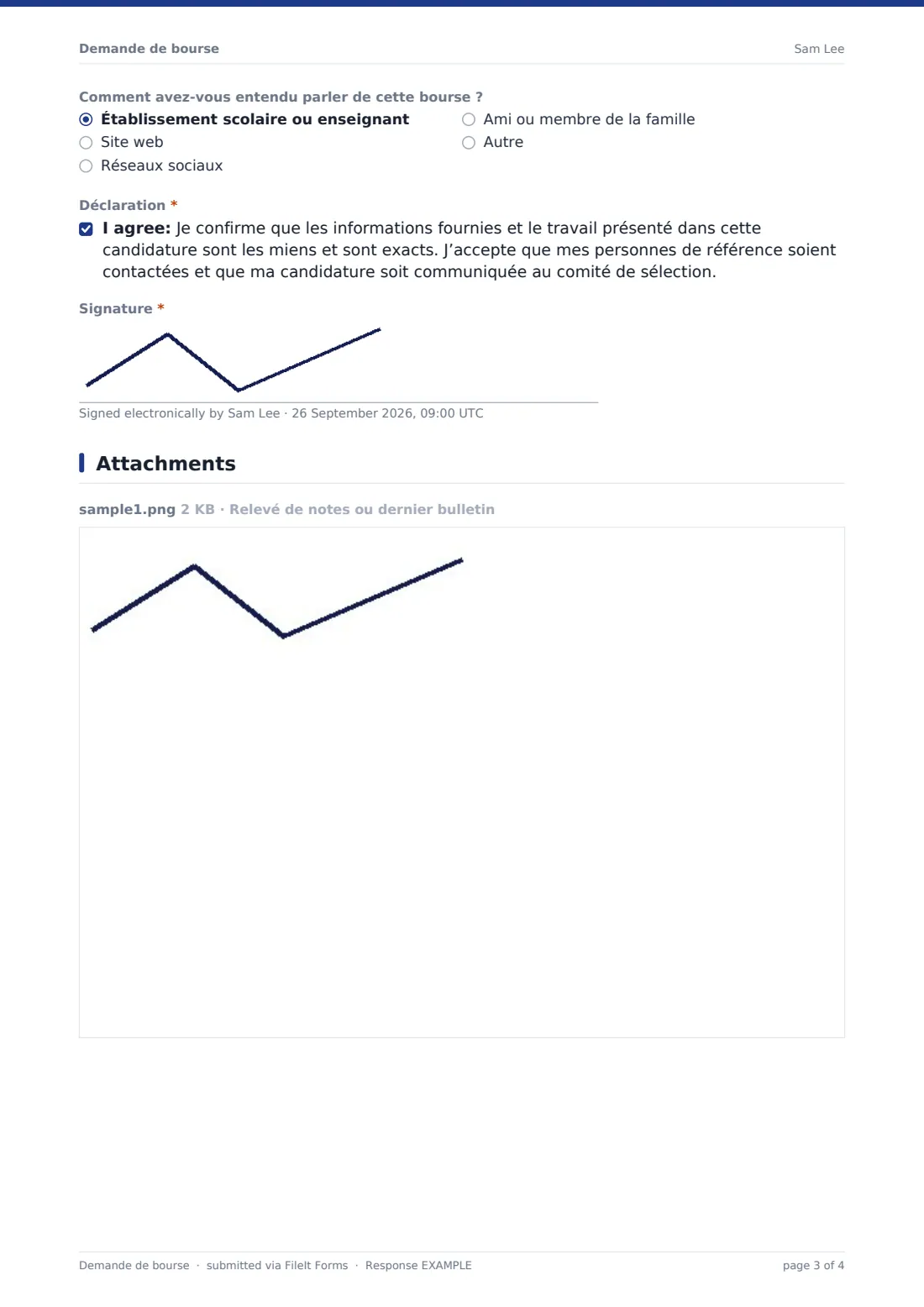 Demande de bourse — exemple de réponse au format PDF, page 3 sur 4