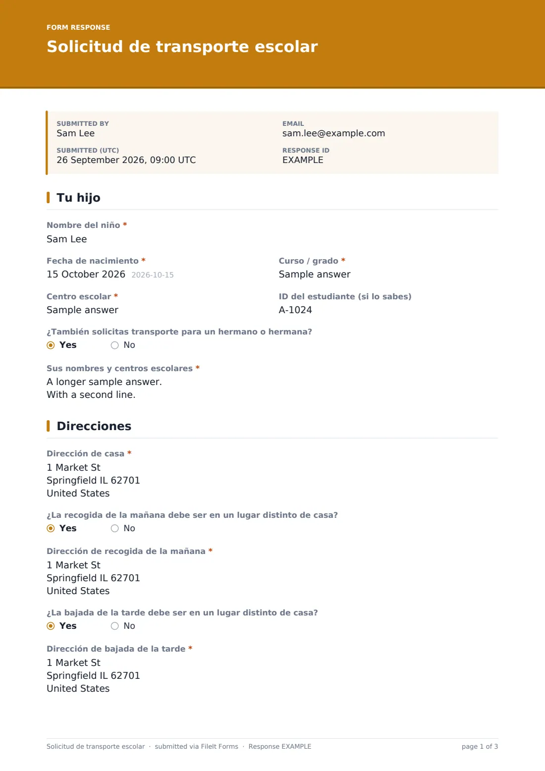 Solicitud de transporte escolar — PDF de respuesta de ejemplo, página 1 de 3