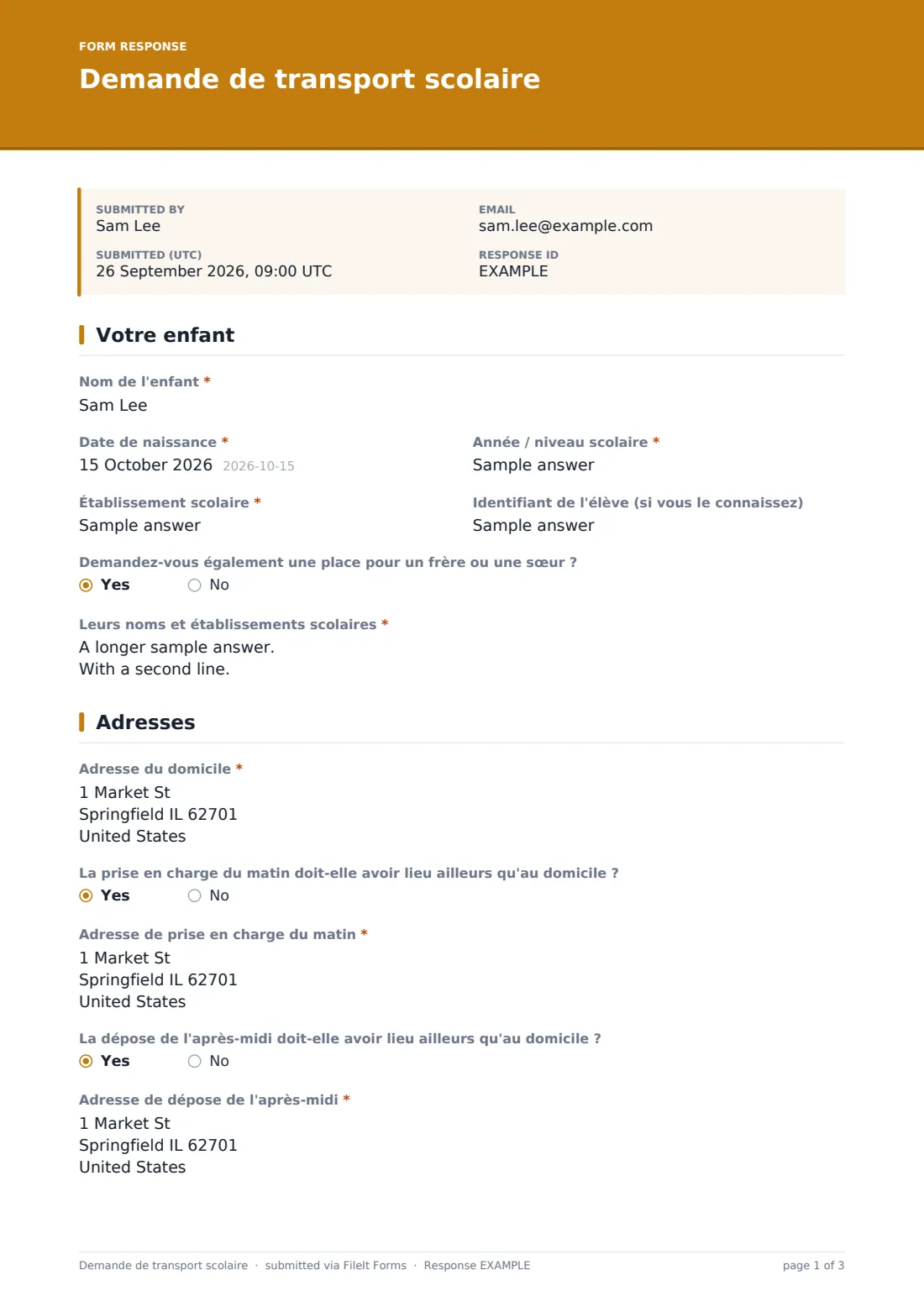 Demande de transport scolaire — exemple de réponse au format PDF, page 1 sur 3