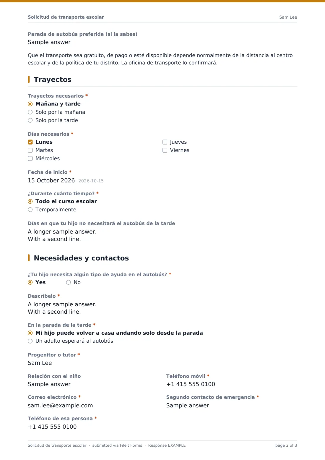 Solicitud de transporte escolar — PDF de respuesta de ejemplo, página 2 de 3