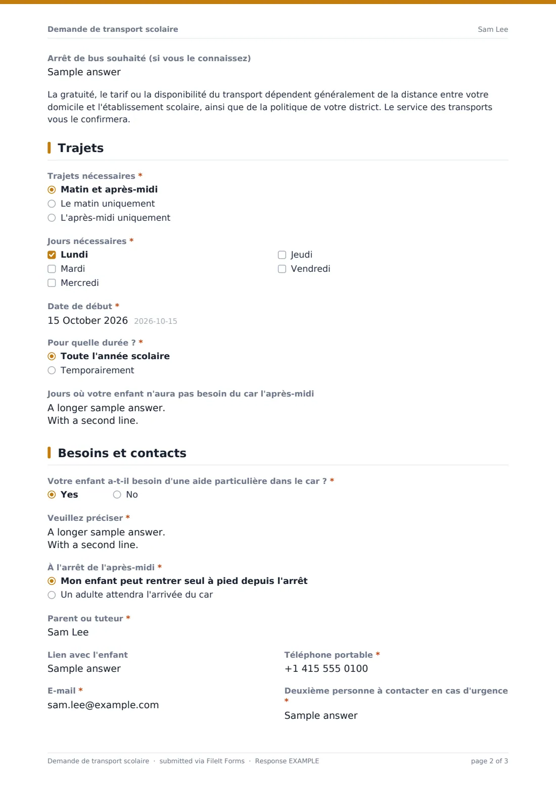 Demande de transport scolaire — exemple de réponse au format PDF, page 2 sur 3