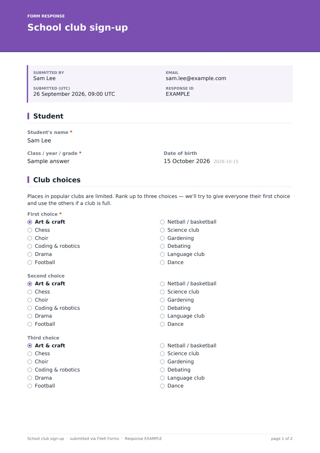 School club sign-up — example response PDF, page 1 of 2