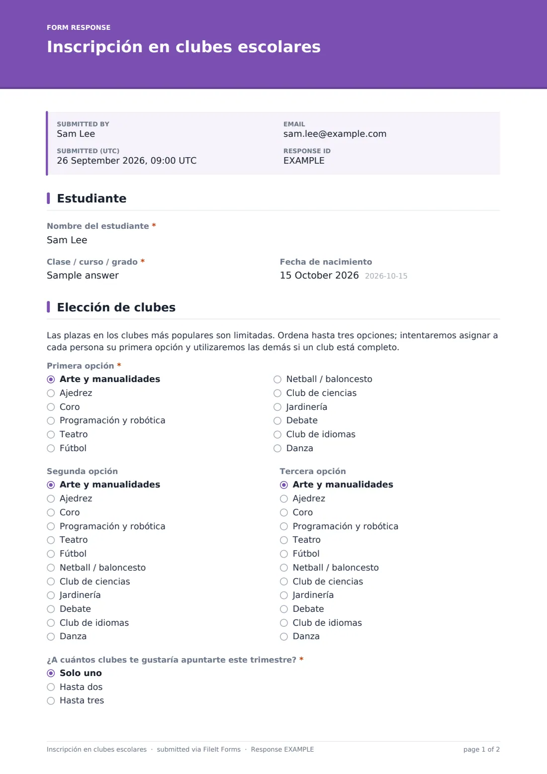 Inscripción en clubes escolares — PDF de respuesta de ejemplo, página 1 de 2