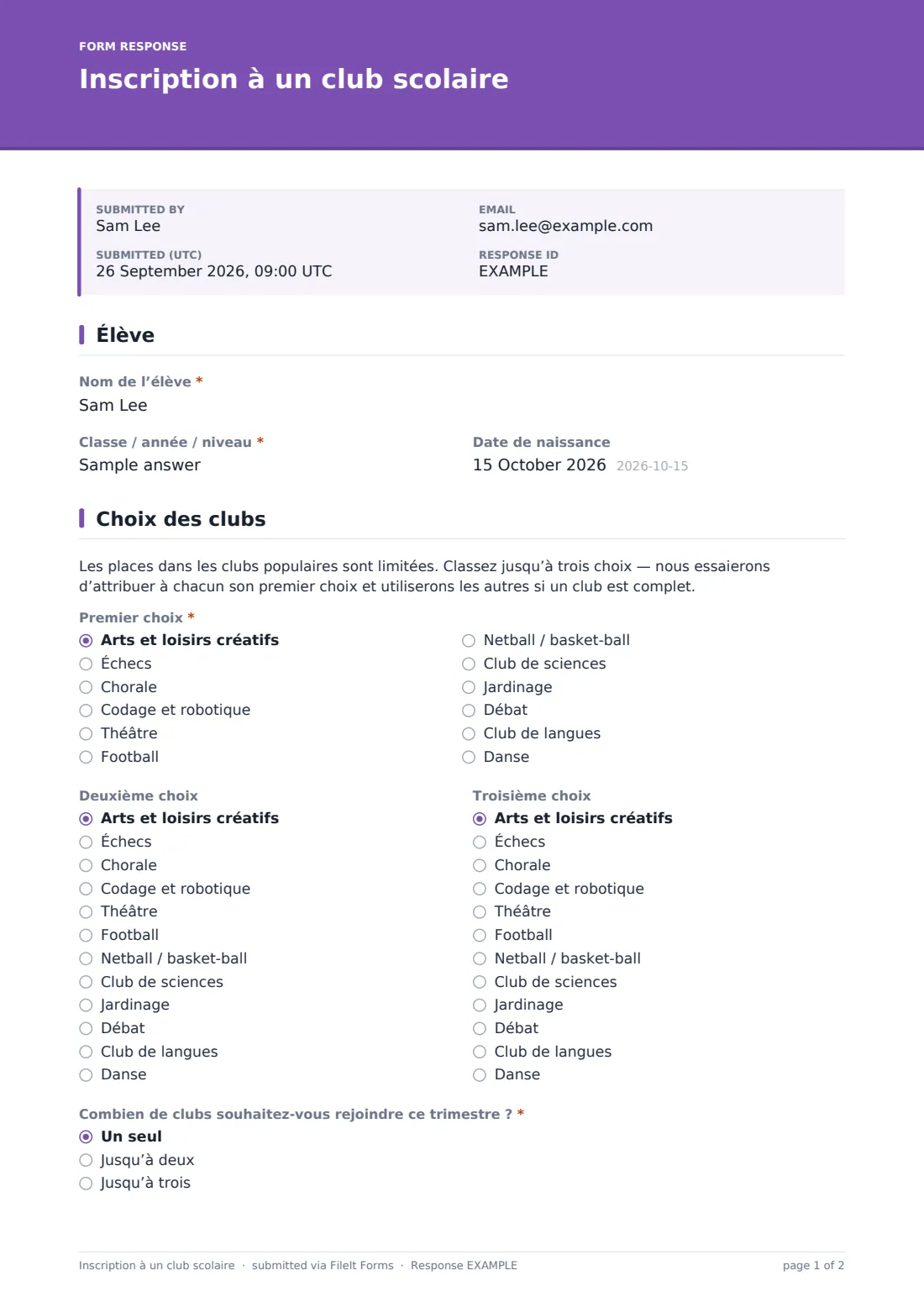 Inscription à un club scolaire — exemple de réponse au format PDF, page 1 sur 2