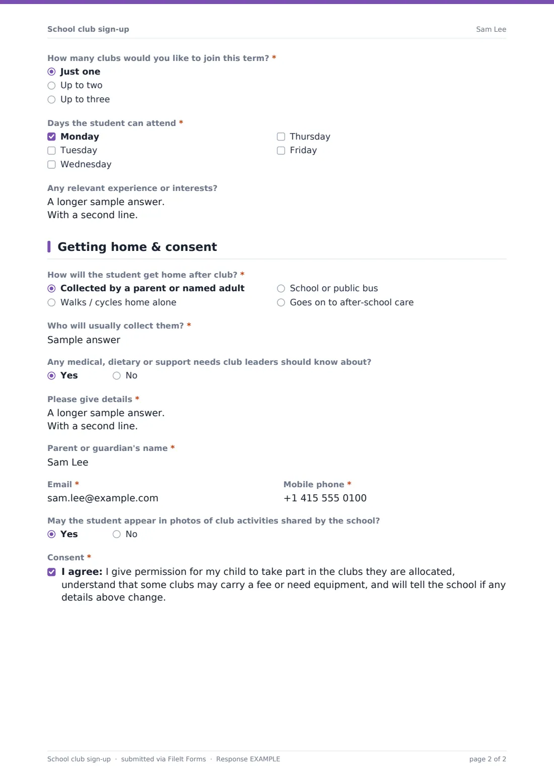 School club sign-up — example response PDF, page 2 of 2