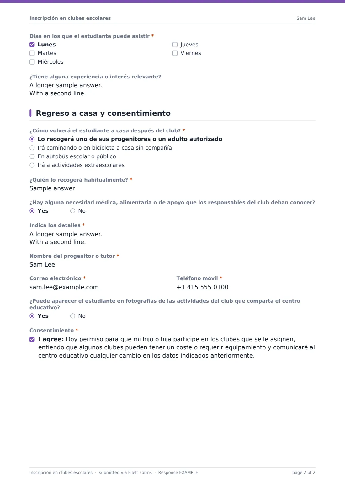 Inscripción en clubes escolares — PDF de respuesta de ejemplo, página 2 de 2
