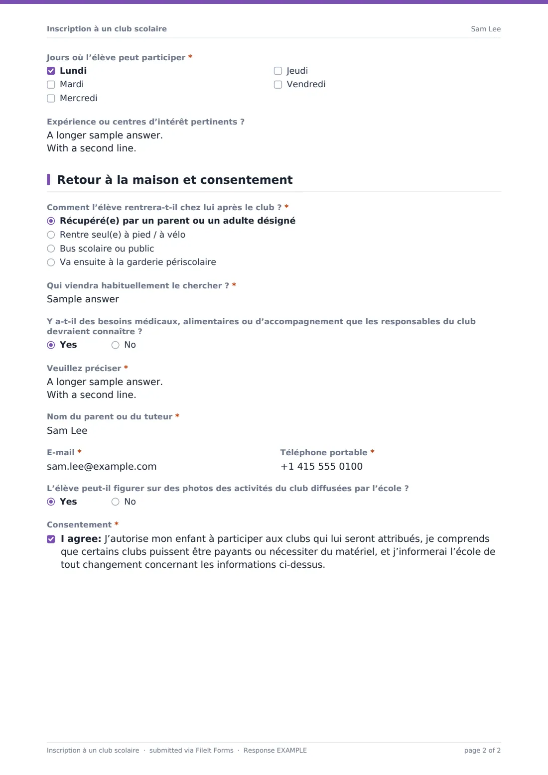 Inscription à un club scolaire — exemple de réponse au format PDF, page 2 sur 2