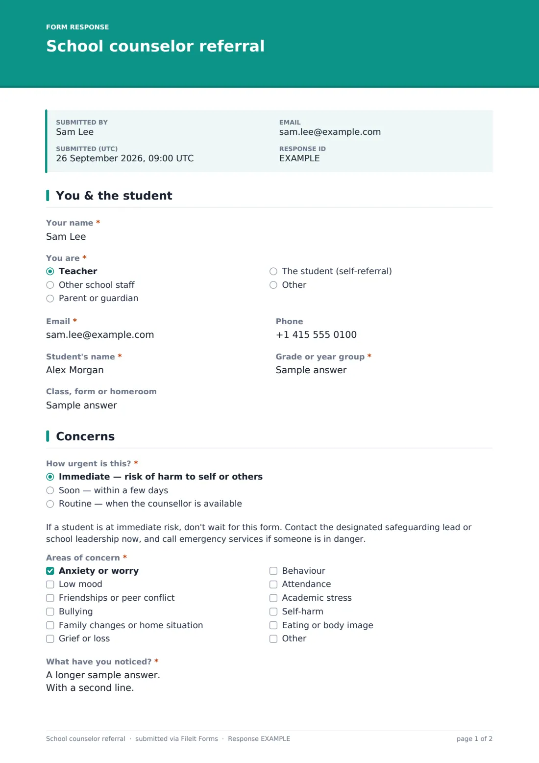 School counselor referral — example response PDF, page 1 of 2