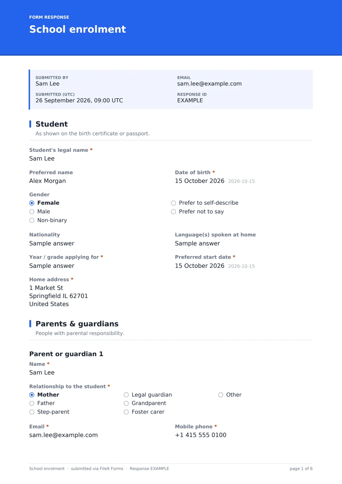 School enrolment — example response PDF, page 1 of 6