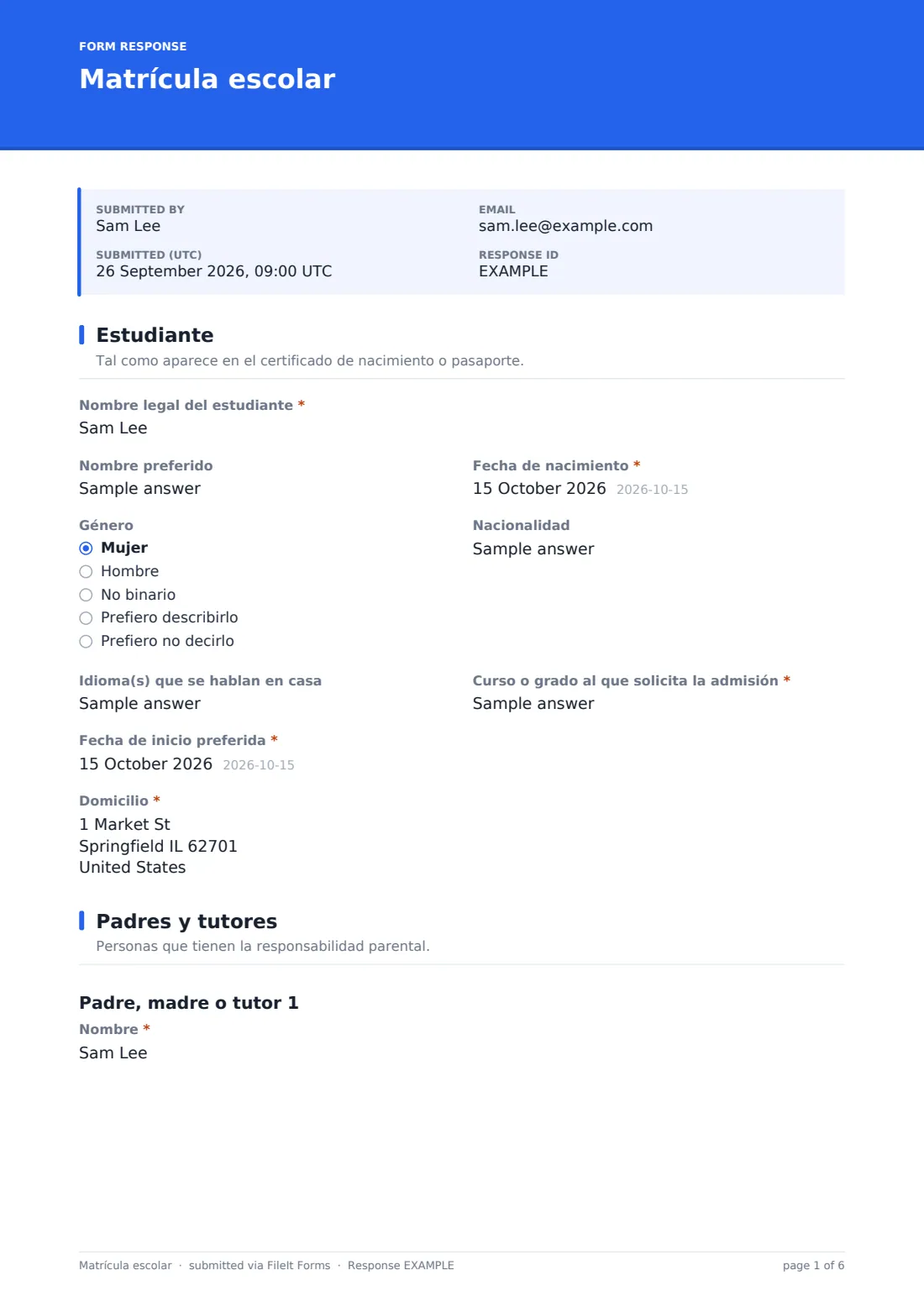 Matrícula escolar — PDF de respuesta de ejemplo, página 1 de 6