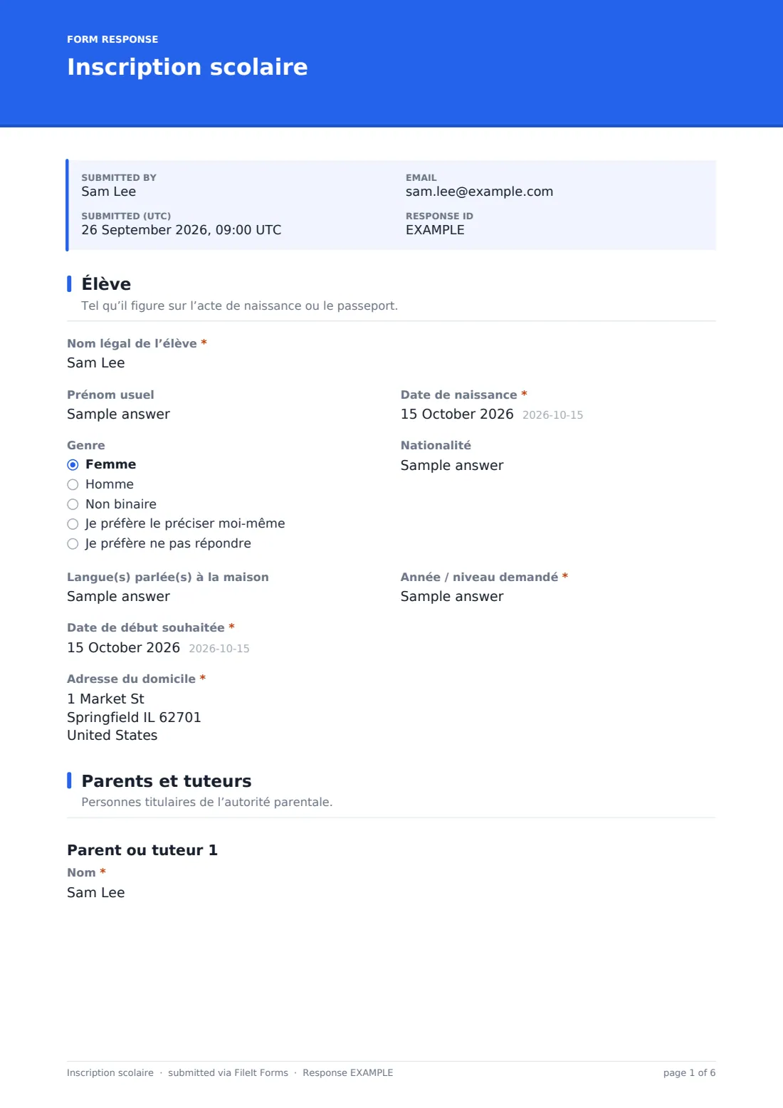 Inscription scolaire — exemple de réponse au format PDF, page 1 sur 6