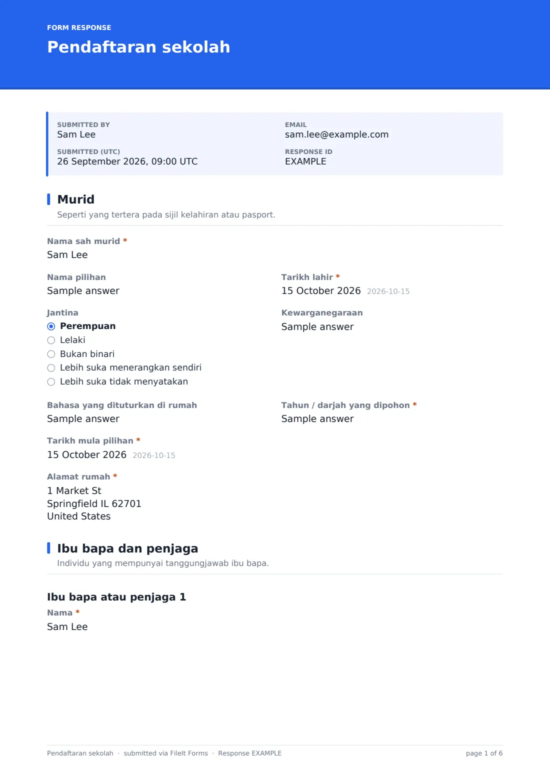Pendaftaran sekolah — PDF respons contoh, halaman 1 daripada 6