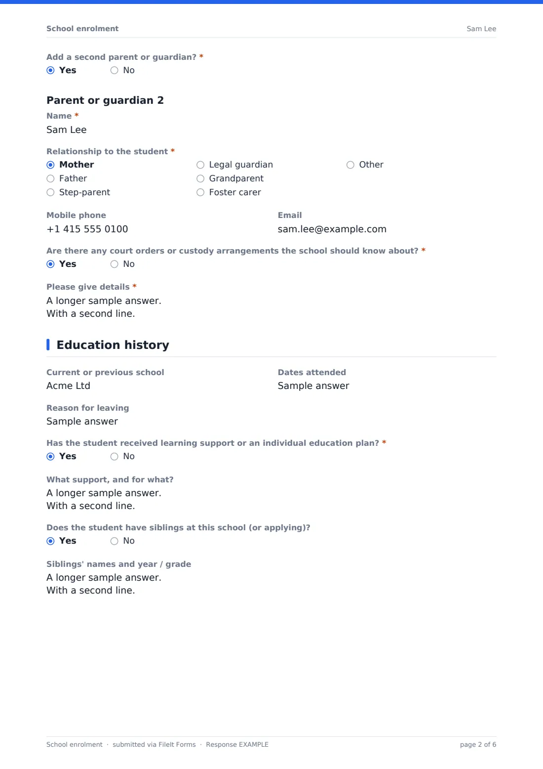 School enrolment — example response PDF, page 2 of 6