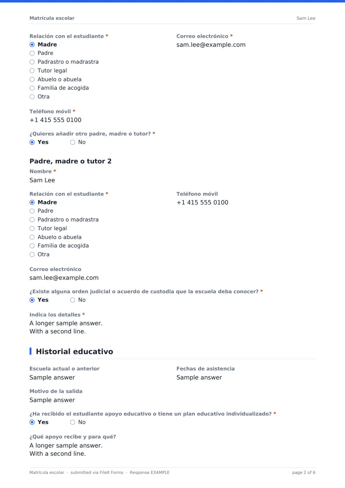 Matrícula escolar — PDF de respuesta de ejemplo, página 2 de 6