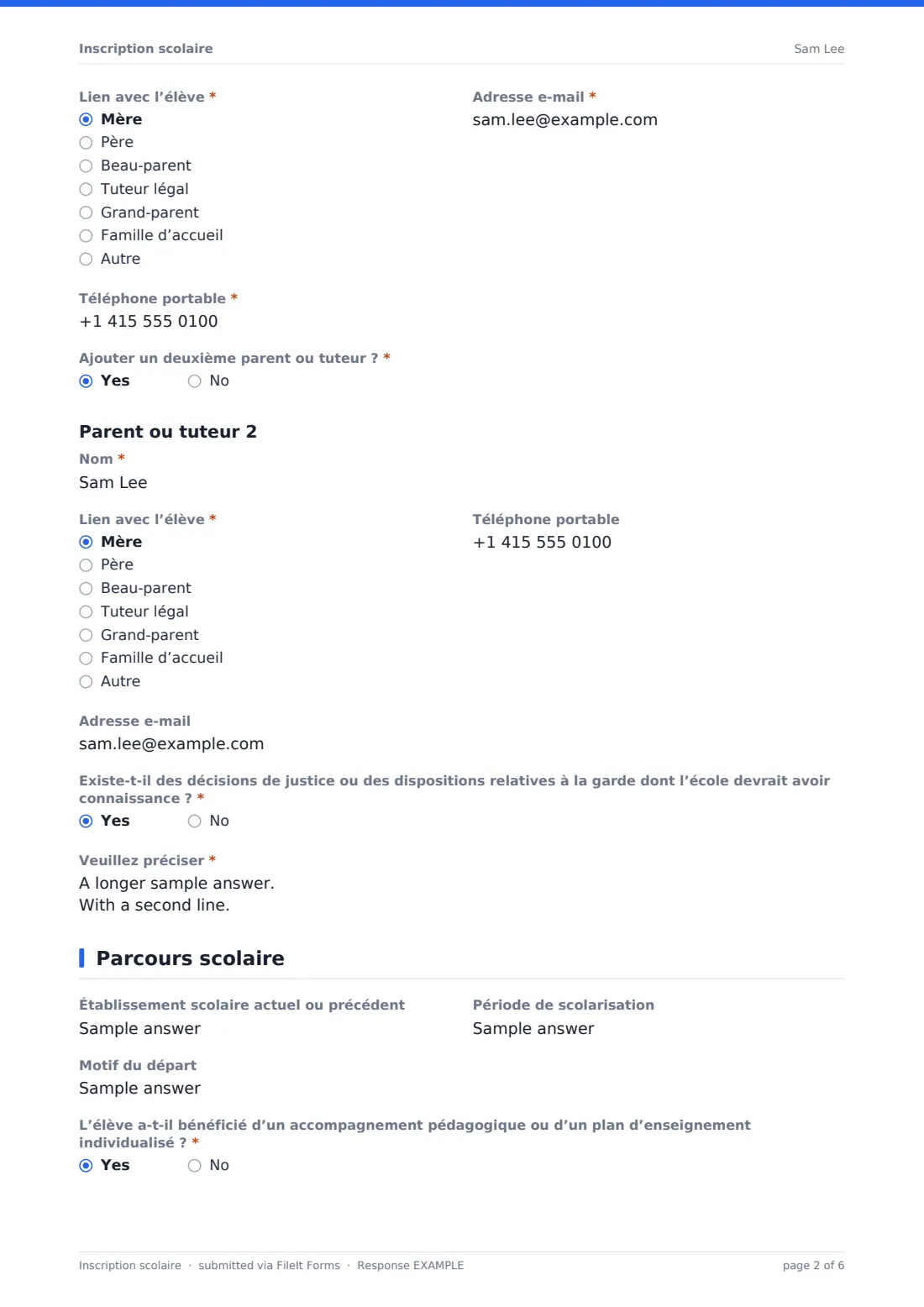 Inscription scolaire — exemple de réponse au format PDF, page 2 sur 6