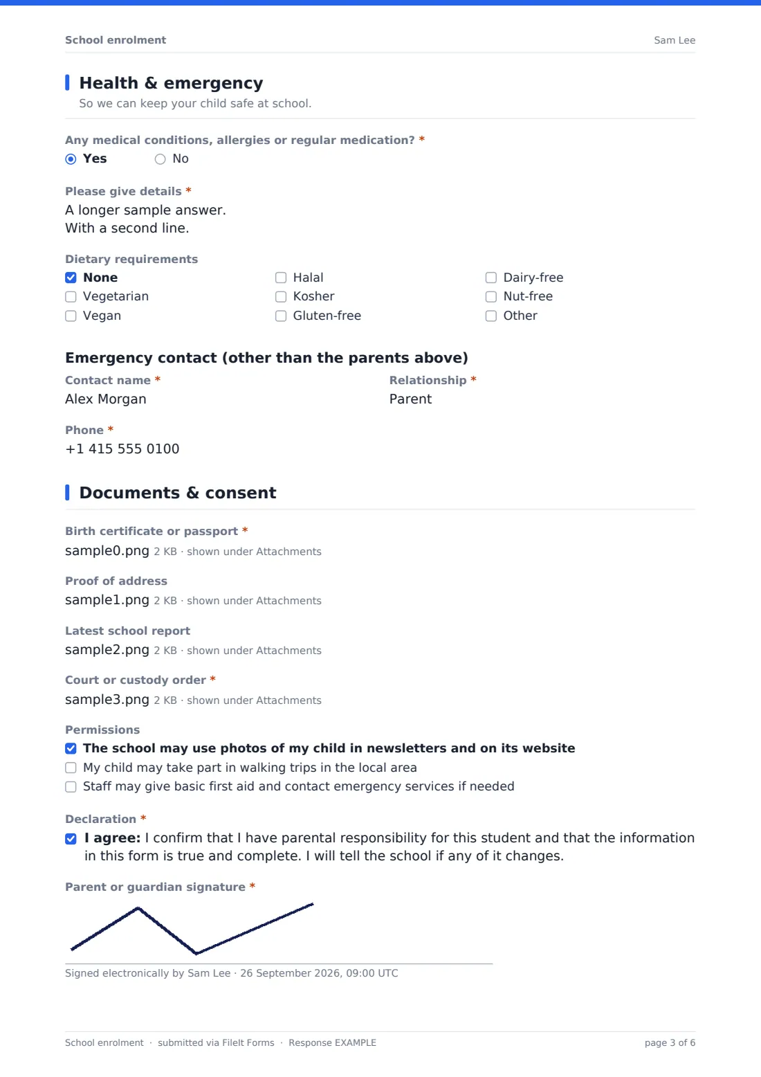School enrolment — example response PDF, page 3 of 6