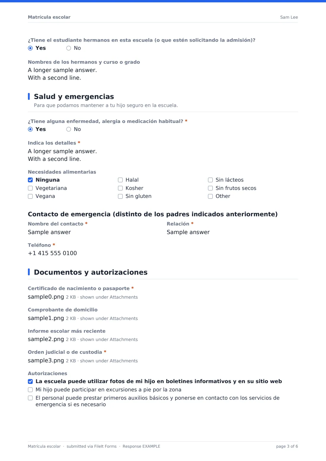 Matrícula escolar — PDF de respuesta de ejemplo, página 3 de 6