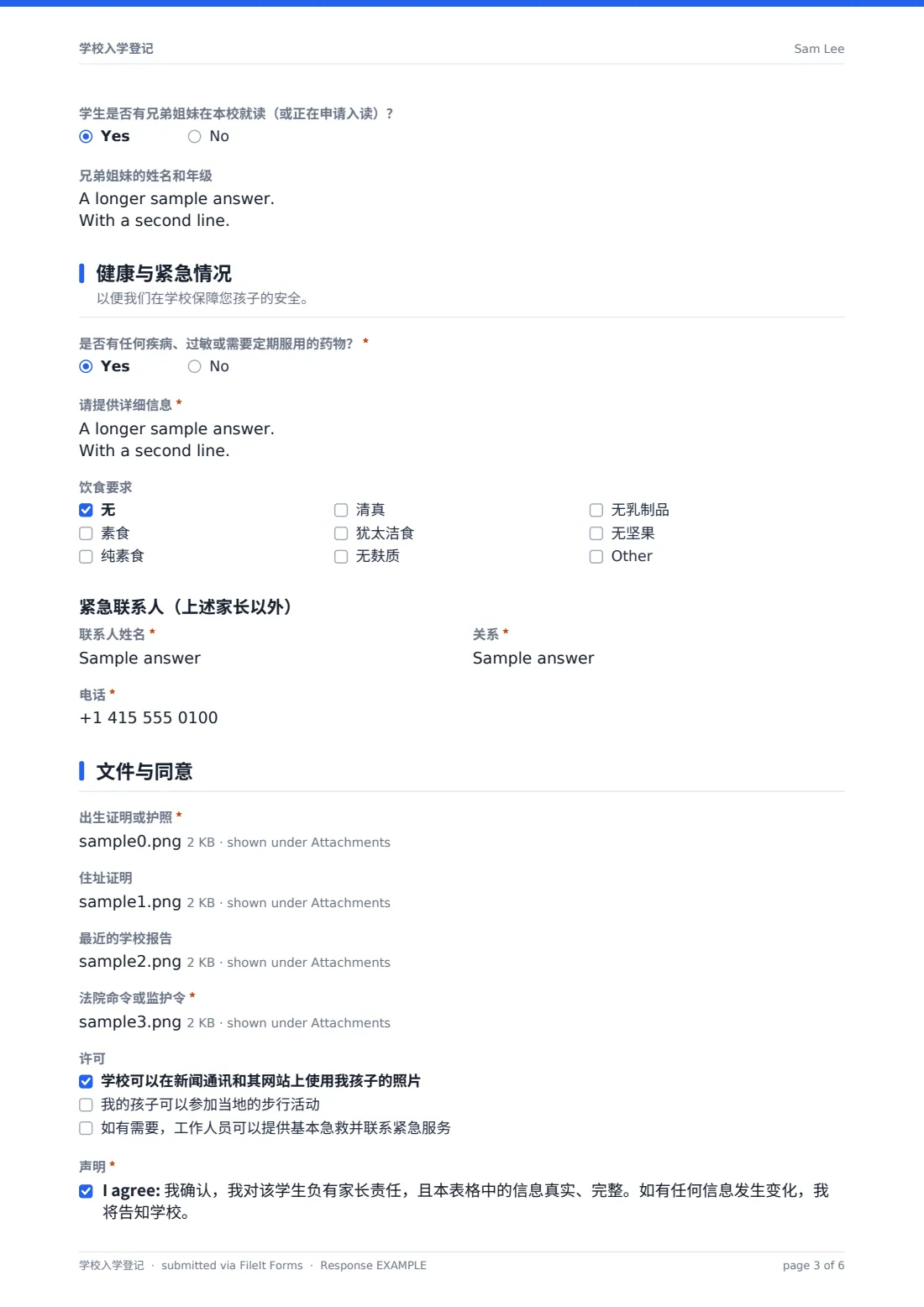 学校入学登记 — 示例回复 PDF，第 3 页，共 6 页