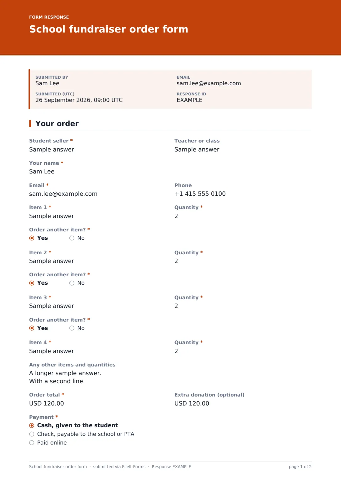 School fundraiser order form — example response PDF, page 1 of 2