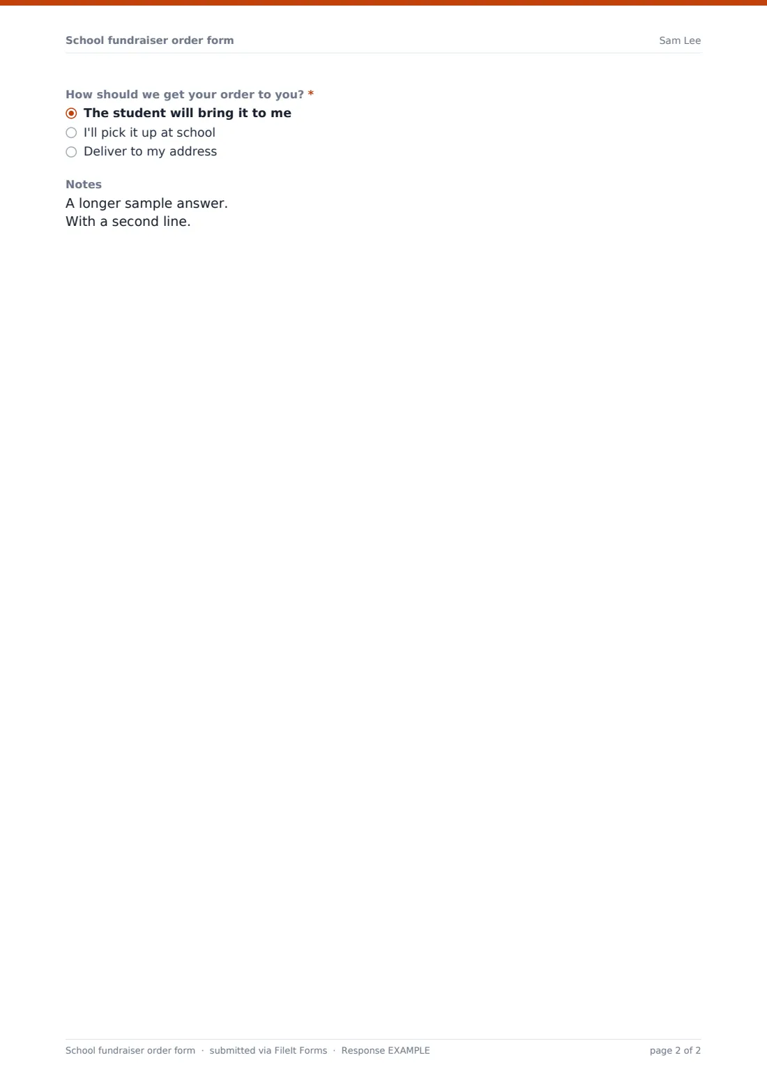 School fundraiser order form — example response PDF, page 2 of 2