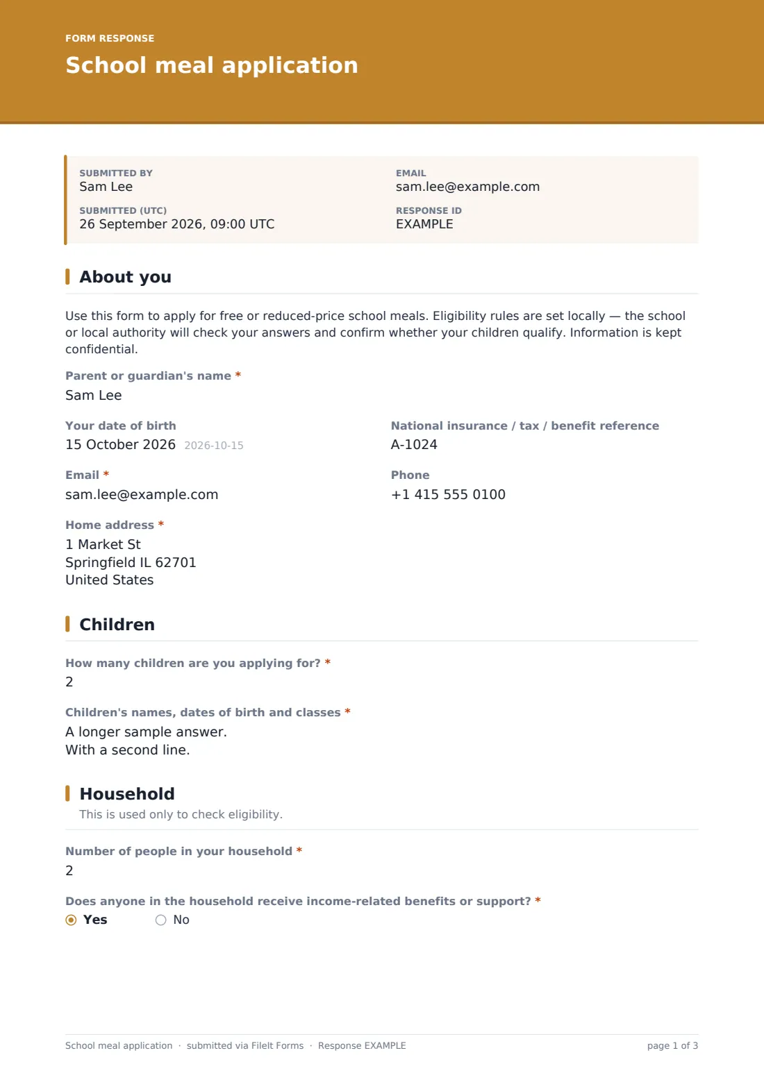 School meal application — example response PDF, page 1 of 3