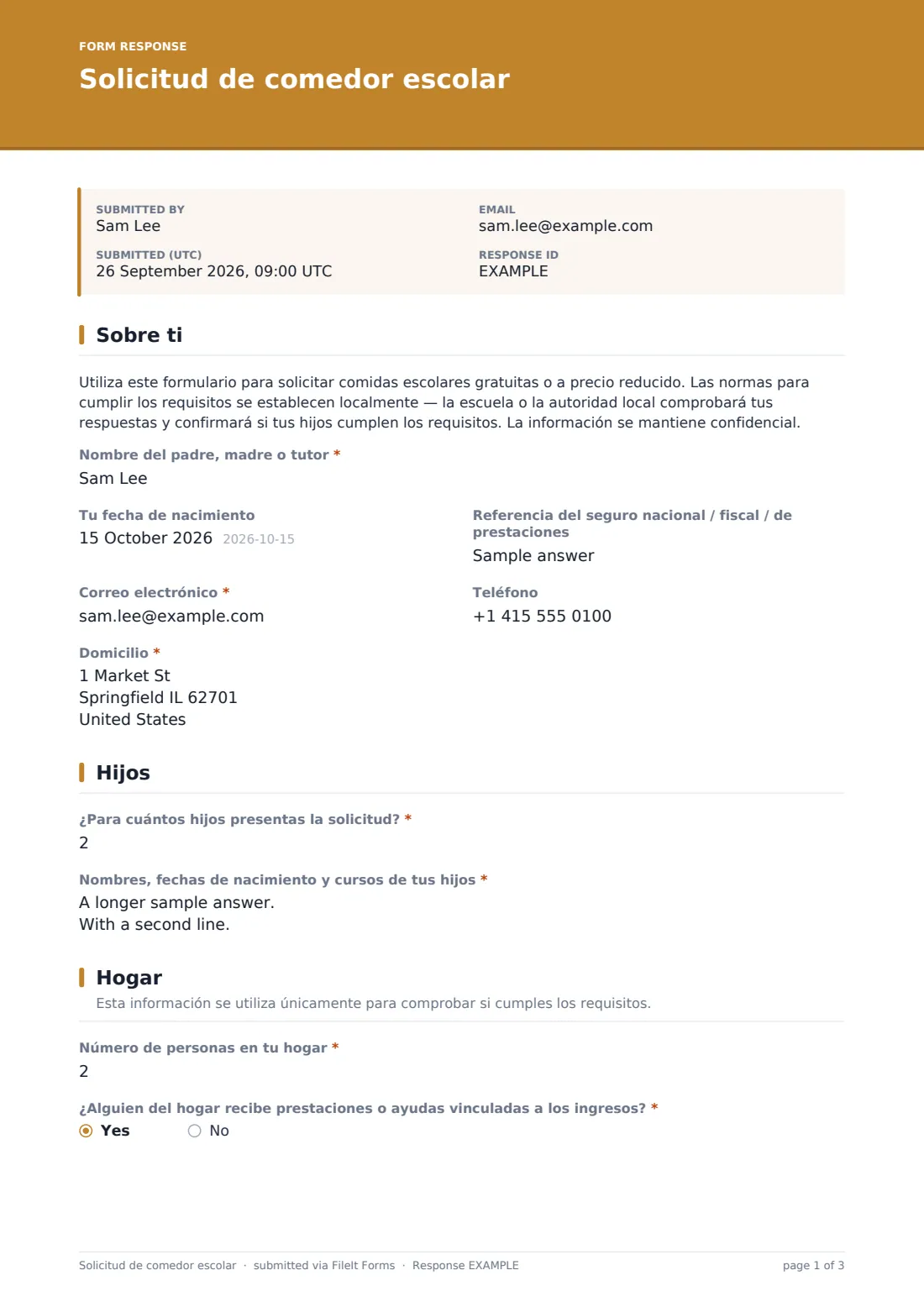 Solicitud de comedor escolar — PDF de respuesta de ejemplo, página 1 de 3