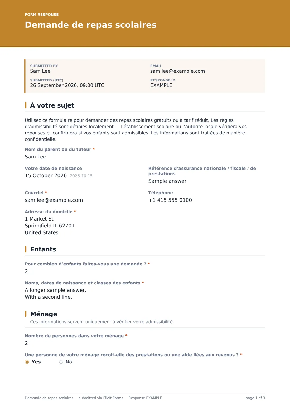 Demande de repas scolaires — exemple de réponse au format PDF, page 1 sur 3