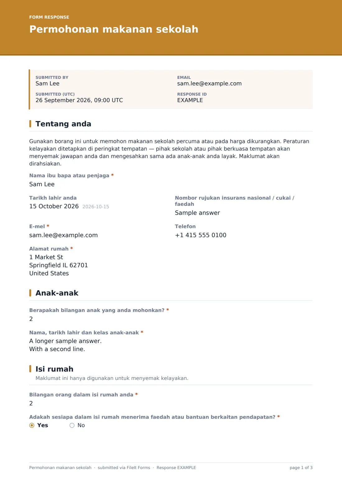 Permohonan makanan sekolah — PDF respons contoh, halaman 1 daripada 3