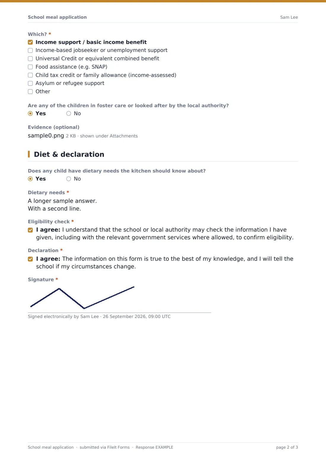 School meal application — example response PDF, page 2 of 3
