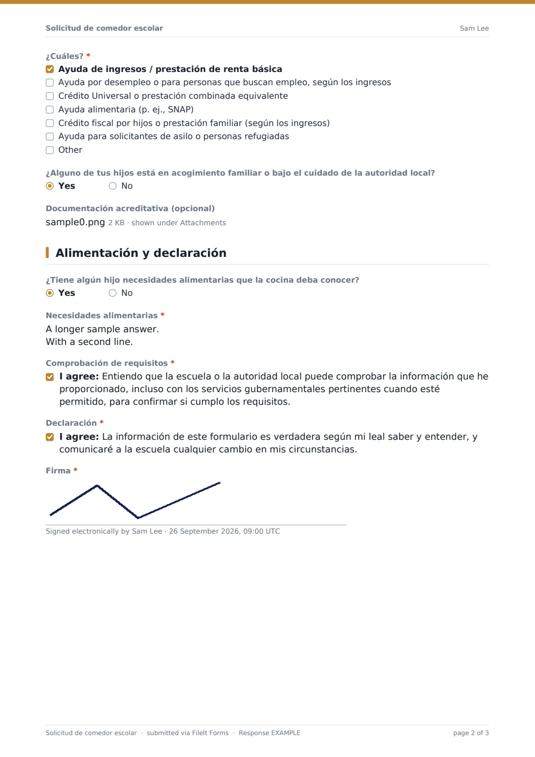 Solicitud de comedor escolar — PDF de respuesta de ejemplo, página 2 de 3