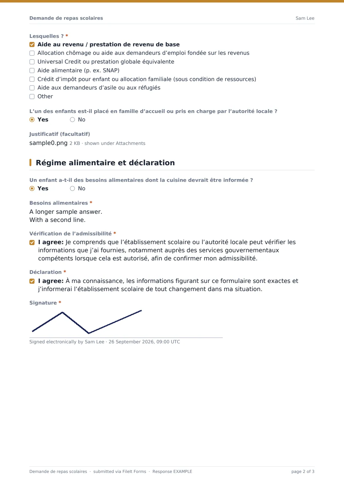 Demande de repas scolaires — exemple de réponse au format PDF, page 2 sur 3