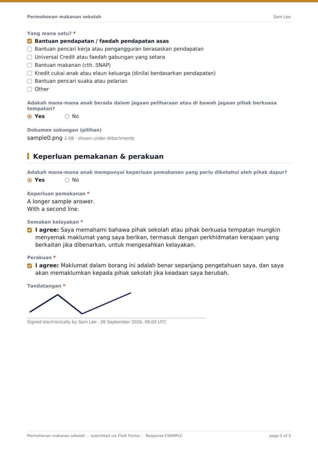 Permohonan makanan sekolah — PDF respons contoh, halaman 2 daripada 3